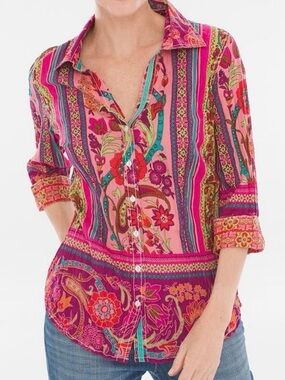 CINO Vibrant Paisley-Striped Button Down Cotton Shirt Southwestern Boho